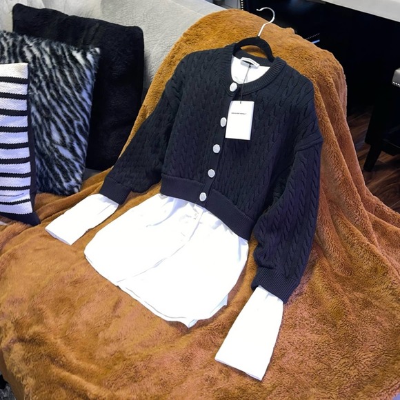 Alexander Wang Bi-Layer Cable Knit Cardigan in Black & White - Picture 8 of 14